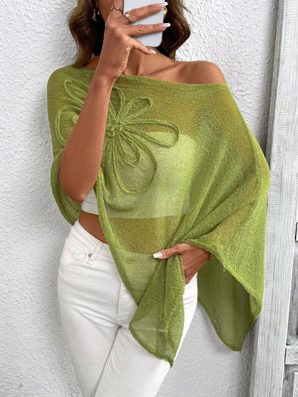 Green Casual Women's Plus Size Asymmetric Hem Design Poncho Style Knit Top - Picture 6 of 7